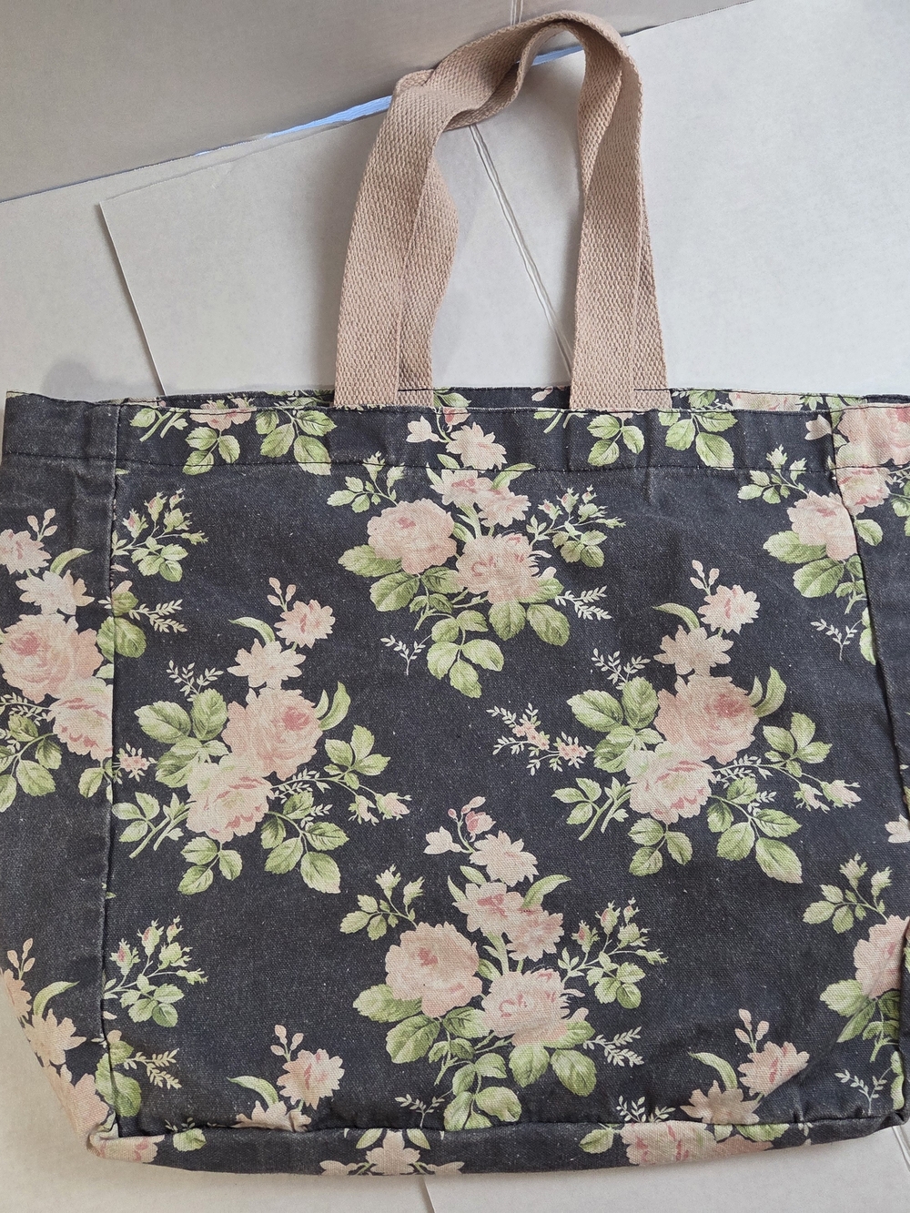 Laura Ashley Black Floral Canvas Tote with Blush Pink Roses